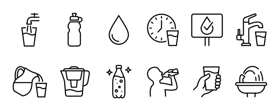 Set of black line icons related to drinking water and hydration, featuring a glass, bottle, faucet, filter, and a person drinking, presented as a simple graphic symbol collection
