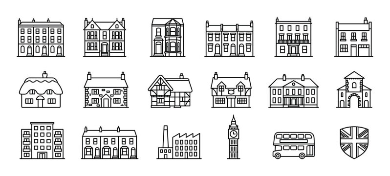 Collection of British architecture and symbol icons in a clean black and white line art style, featuring various houses, a clock tower, a bus, and a national flag shield