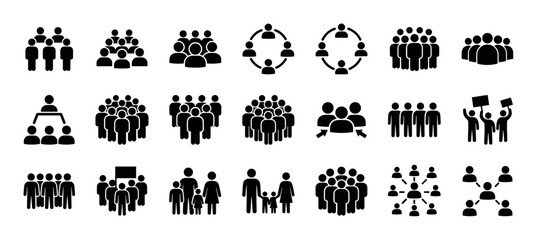 Fototapeta premium Collection of black people icons representing various social groups, including family, team, crowd, network, and community, presented as a minimalist vector illustration set