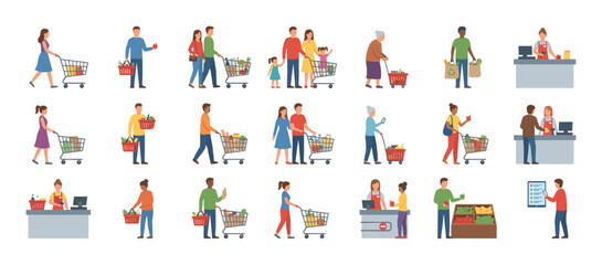 Fototapeta premium Diverse set of people shopping for groceries in a supermarket, including families and seniors pushing carts, carrying baskets, and paying at the checkout counter
