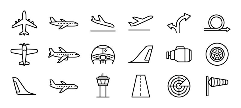 Aviation and airport themed line icon set featuring airplanes, control tower, runway, radar, and aircraft parts in a simple, minimalist black and white outline vector style