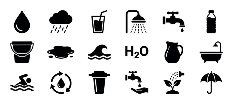 Collection of black water icons representing various forms and uses like drinking, rain, washing, and swimming, presented in a clean, minimalist glyph style for universal symbols