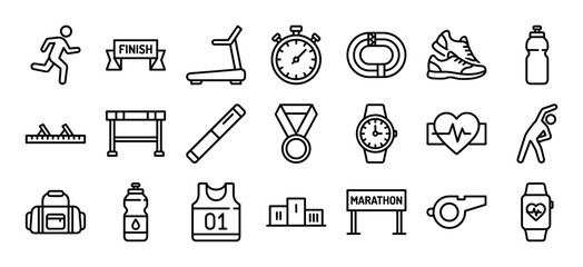 Fototapeta premium Collection of black line art icons representing running, marathon, and athletic competition elements like a stopwatch, medal, treadmill, and finish line banner in a simple vector set