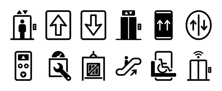 Set of black elevator and lift icons featuring various glyphs and symbols for passenger transport, accessibility, freight, maintenance, and control panels in a minimalist style
