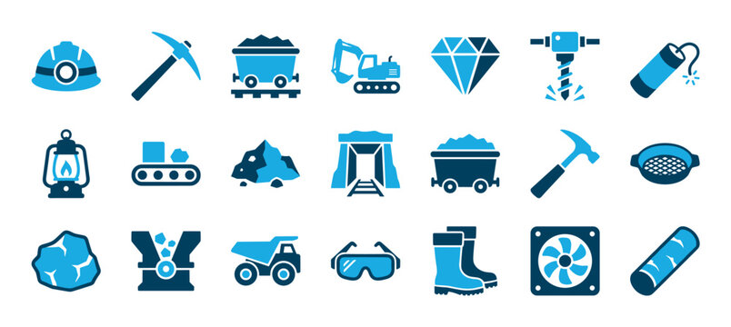 Collection of blue mining industry icons representing equipment and tools for mineral extraction, including a pickaxe, hard hat, dump truck, diamond, and mine cart symbols