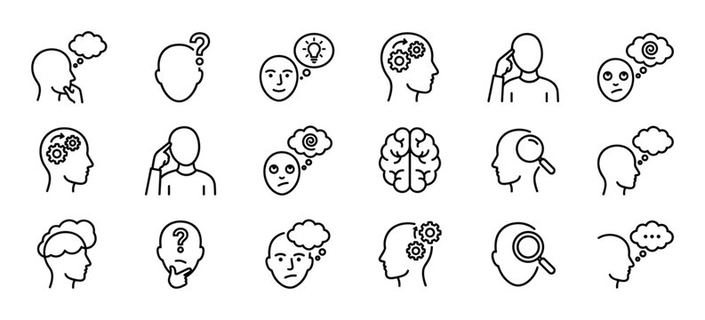 Set of black line icons representing thinking, mental processes, and psychology concepts like ideas, confusion, and problem-solving in a simple minimalist vector style illustration