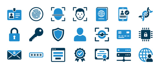 Blue two-tone vector icons for identification and cybersecurity concepts including biometrics, passwords, encryption, and digital identity verification for online access
