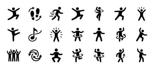 Black silhouette icons of dancing stick figures in a large collection of dynamic poses, showing movement, celebration, and choreography with music notes and footprint symbols