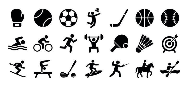 Diverse set of black sport icons representing athletic activities and games like boxing, soccer, swimming, weightlifting, skiing, and fencing in a clean glyph pictogram style
