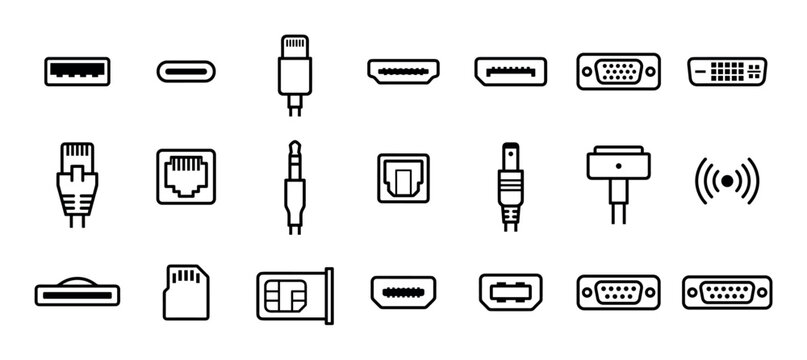 Collection of computer connector line icons including various ports, plugs, and jacks for digital connectivity, presented in a minimalist black outline vector graphic style