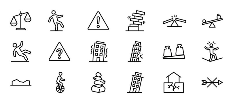 Set of black line icons representing instability, risk, and imbalance concepts like falling, slipping, earthquakes, and precarious balance for business and safety themes