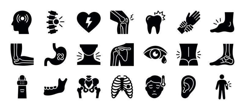 Black glyph icons set of human body parts showing various types of pain, injury, and medical symptoms like headache, joint inflammation, and stomach ache for healthcare concepts