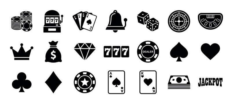Set of black silhouette casino and gambling icons featuring a slot machine, poker chips, playing cards, dice, roulette wheel, and symbols of luck and winning