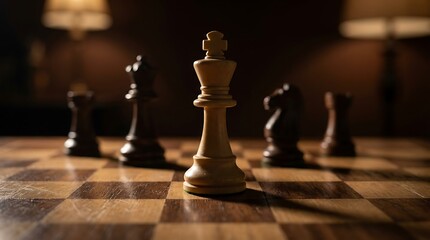 Chess queen piece, standing alone on wooden chessboard, dramatic lighting, symbolizing leadership, strategy, and power