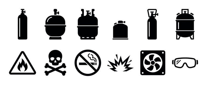 Set of black silhouette icons representing gas cylinders, propane tanks, and industrial safety warning signs for hazardous materials like flammable, toxic, and explosive substances
