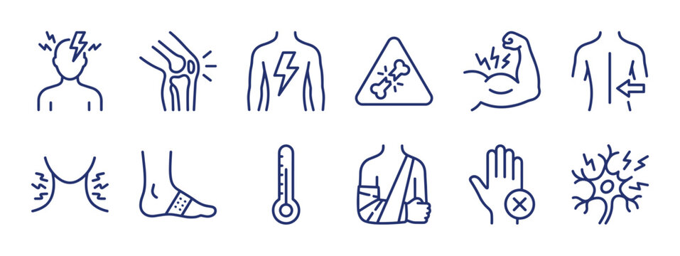 Set of blue line icons representing various medical symptoms and physical injuries like headache, joint pain, broken bones, and fever, designed in a simple, minimalist pictogram style