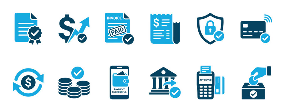 Blue and black financial vector icon set representing payment, banking, and money transactions, including paid invoice, credit card, and secure transfer symbols for business