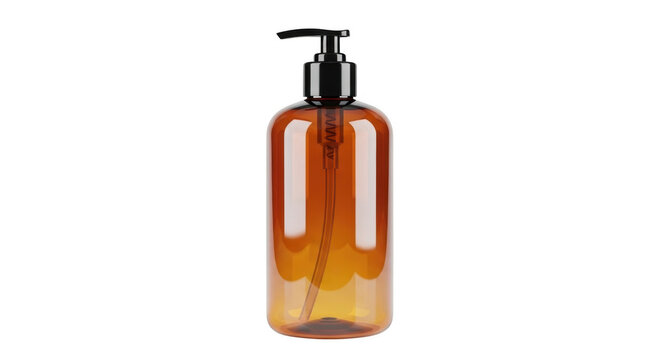 Amber pump bottle mockup with dispenser with liquid soap transparent background