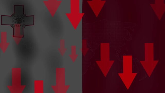 Falling Red Arrows Reflect Market Decline and Financial Crisis, a metaphoric abstract graphic that shows a downward trend, recession, or crisis.