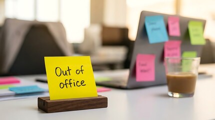 Yellow sticky note on wooden stand, Out of office message, blurred office background with laptop and colorful sticky notes, symbolizing temporary absence or vacation