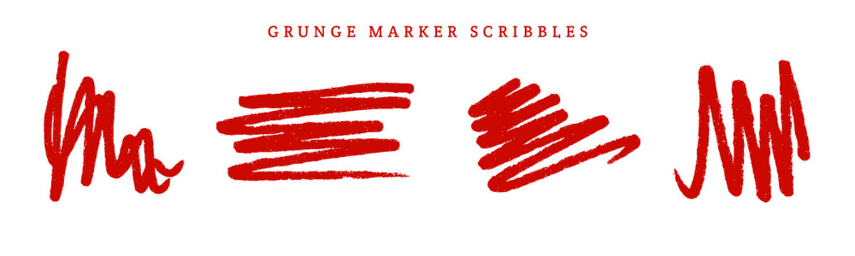 Red ink scribble, hand drawn messy brush stroke set, grunge grunge oil squiggle graphic print art. Handwriting texture marker design element, dirty sketchy spot. Trendy contemporary ink scribble line