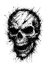 Obraz premium A black and white illustration of a skull with a menacing grin, surrounded by splatters and scratches on a white background.