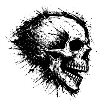 A screaming skull with a black paint splatter effect on a white background for Halloween or horror designs