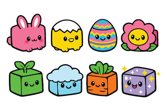 A collection of cute kawaii style character illustrations featuring various colorful shapes