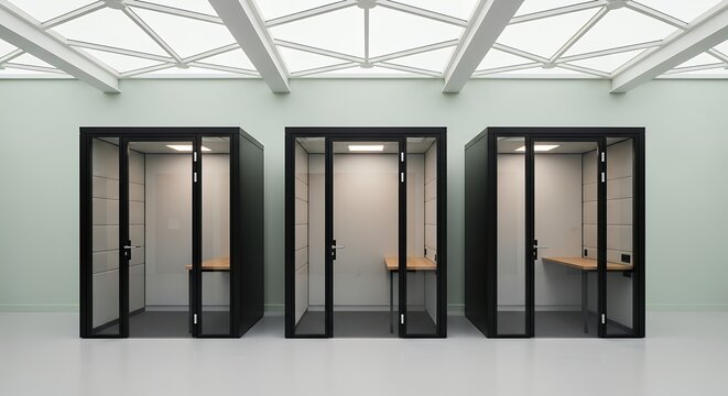Three modern soundproof office pods with glass doors and wooden desks arranged in a row under a geometric ceiling skylight soundproof booth meeting room private space workstation