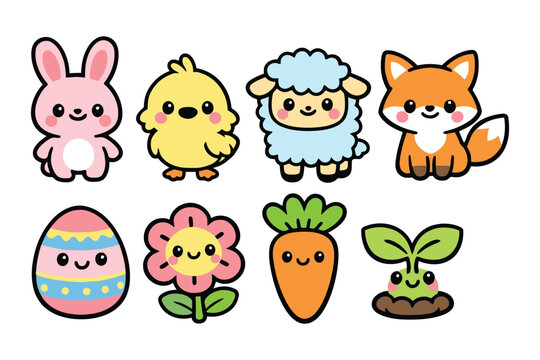 A collection of cute spring themed vector icons featuring animals and plants in a kawaii style