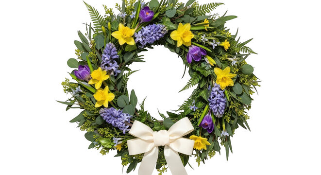 Spring floral wreath with yellow daff isolated on transparent background
