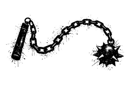 A flail with a spiked ball on a chain and a handle, grunge style illustration for medieval, fantasy or historical designs