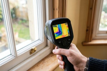Hand holding thermal imaging camera inspecting window for heat loss and insulation