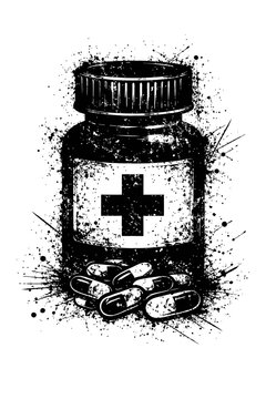 Black and white illustration of a medicine bottle with capsules and a cross on the label, grunge style