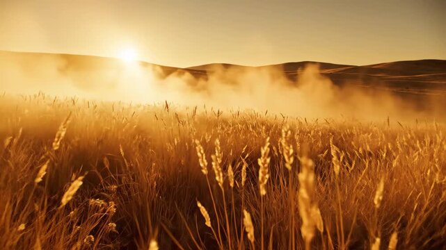 Aerial slow motion footage of golden wheat field at sunrise with mist and warm sunlight