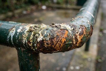 Fototapeta premium Extreme macro close-up of an outdoor metal handrail severely corroded by chaotic bird droppings and acid rain