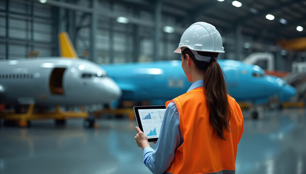 Woman aerospace engineer with tablet checks aircraft in hangar. Female technician uses tech for plane maintenance in aviation industry facility.