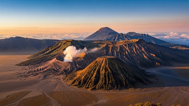 Majestic volcanoes under a pastel sunset, with steaming craters and a serene landscape in java