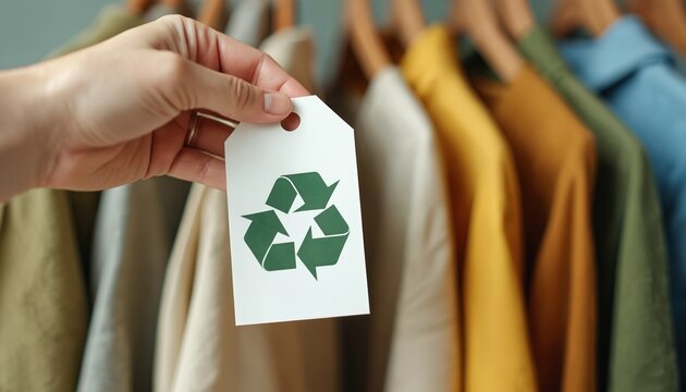 Hand holds tag with green recycling symbol on clothes. Eco friendly apparel choice for consumers seeking sustainable fashion options. Garments on hangers indicate conscious shopping.