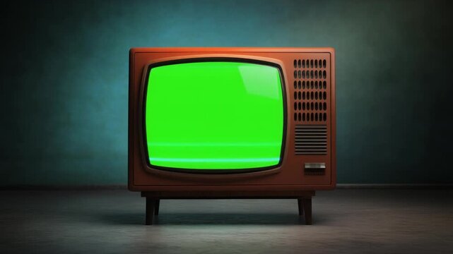 Vintage old television set with green screen on dark backgro