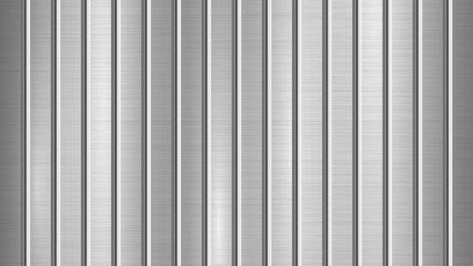 Obraz premium Brushed metal technology background with polished chrome texture, silver, steel, aluminum and vertical stripes with bevels for design concepts, web, prints, wallpapers, interfaces. Vector illustration