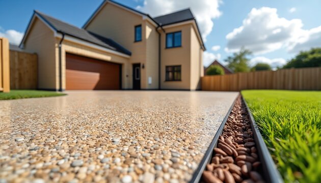 New gravel resin driveway leads to detached beige house with garage. Smooth speckled stone path surrounds green lawn. Modern home exterior, suburban property.