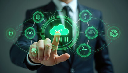 Fototapeta premium Man in suit touches futuristic interface showing CO2 cloud, eco icons. Digital screen displays carbon data, green energy systems. Person interacts with climate tech controls, planning future growth.
