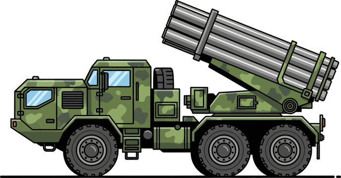Camouflage multiple launch rocket system truck on standby