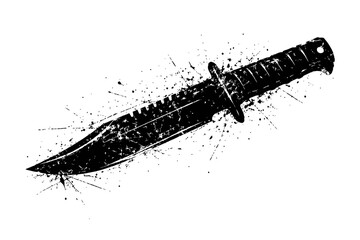 A black and white illustration of a knife with a grunge effect and splatters around it on a white background