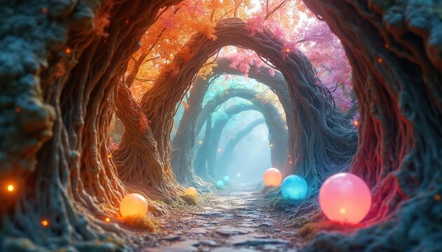 Fantasy forest path with glowing orbs and tree arches. Mystical nature scene with warm colors and soft light. Enchanted woods with surreal ambiance.