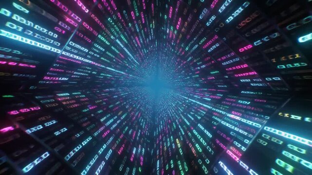 futuristic neon light explosion with binary code elements