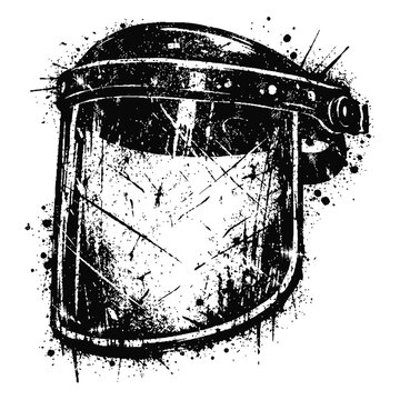 Scratches and grunge texture on a protective face shield visor with a black and white paint splatter effect around it on a white background