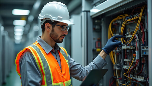 Man in hard hat inspects electrical wires with tablet in modern factory. Technician checks system, repairs machine using digital device for industry work.