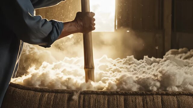 Close up of a worker manually pounding raw cotton with a wooden pole to make a traditional mattress in a dusty sunlit workshop
